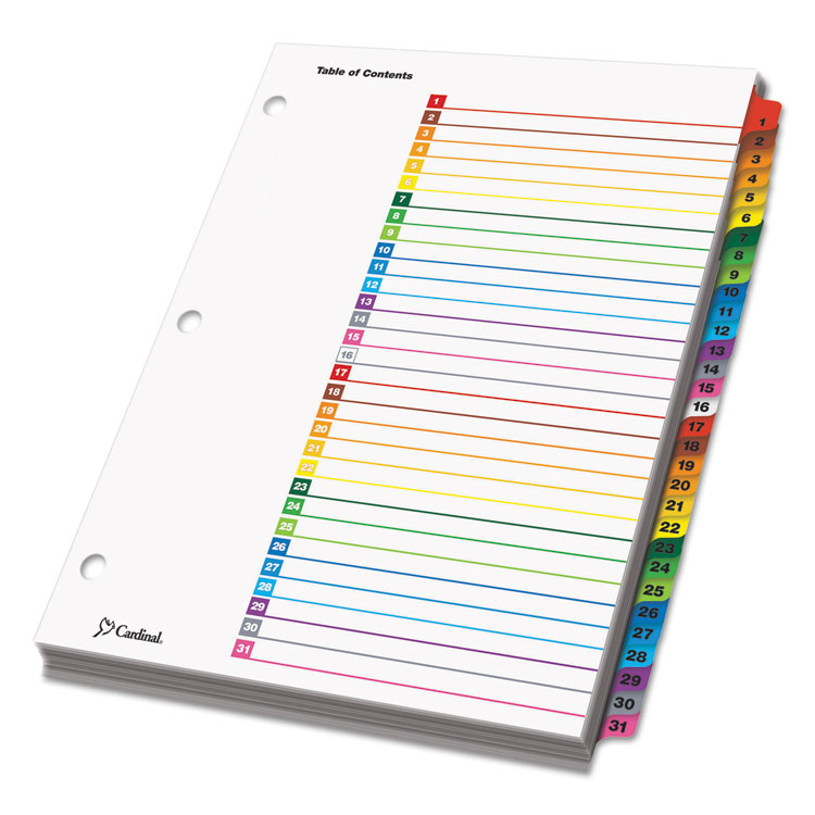 Cardinal OneStep Printable Table of Contents and Dividers, 31-Tab, 1 to 31, 11 x 8.5, White, Assorted Tabs, 1 Set (CRD60118)