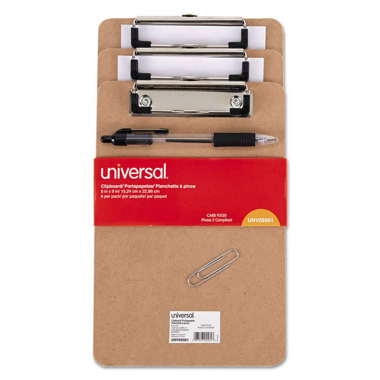 Universal Hardboard Clipboard with Low-Profile Clip, 0.5" Clip Capacity, Holds 5 x 8 Sheets, Brown, 6/Pack (UNV05561)