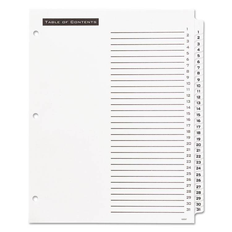 Office Essentials Table 'n Tabs Dividers, 31-Tab, 1 to 31, 11 x 8.5, White, White Tabs, 1 Set (AVE11680)