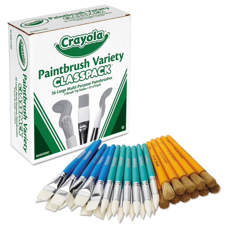 Crayola Large Variety Paint Brush Classpack, Natural; Nylon Bristles, Flat; Round Profiles, 36/Set (CYO050036)