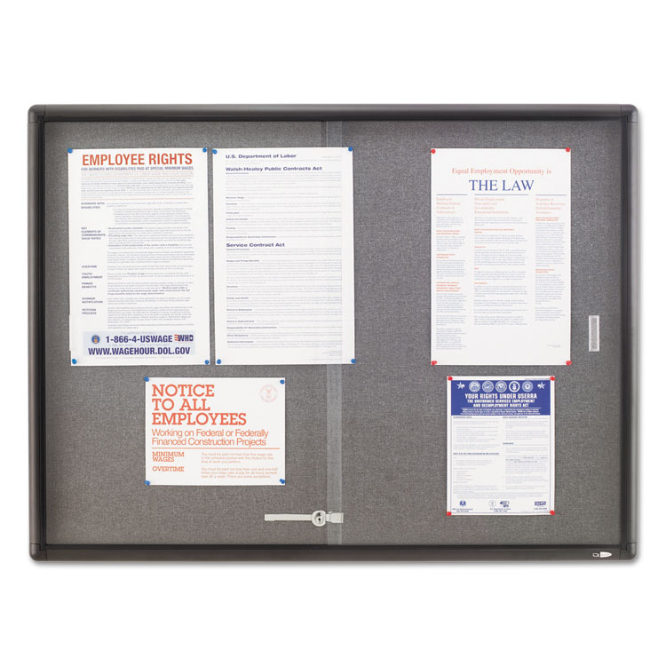 Quartet Enclosed Indoor Cork and Gray Fabric Bulletin Board with Two Sliding Glass Doors, 48 x 36, Graphite Gray Aluminum Frame (QRT2364S)