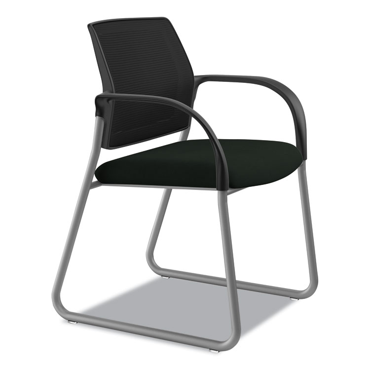 HON Ignition Series Mesh Back Guest Chair with Sled Base, Vinyl Seat, 25" x 22" x 34", Black Seat, Black Back, Platinum Base (HONIB108IMUR10P)