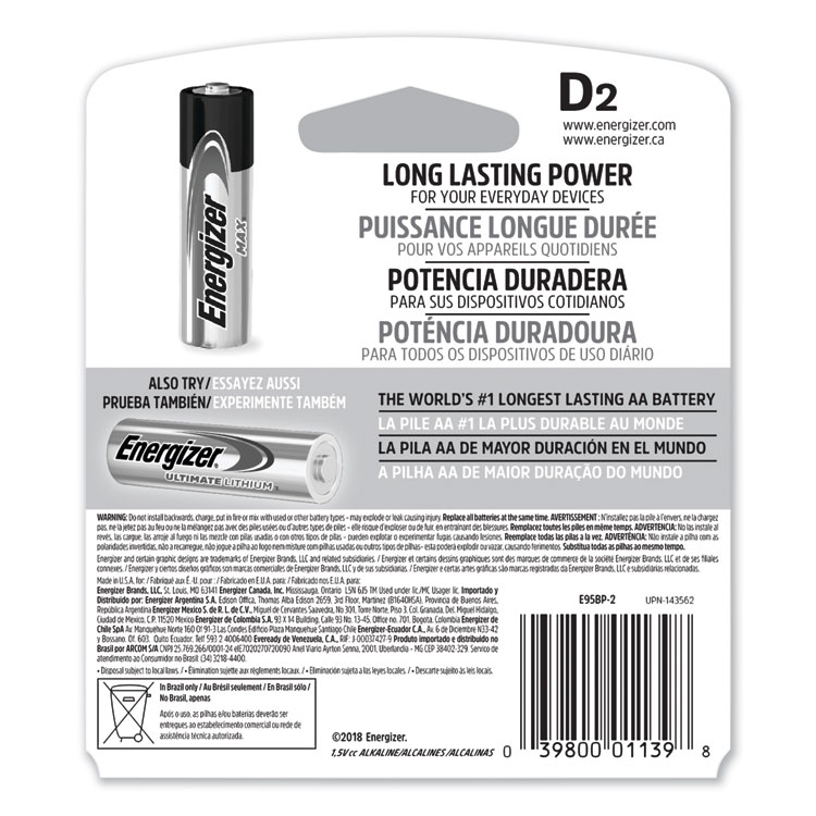 Energizer MAX Alkaline D Batteries, 1.5 V, 2/Pack (EVEE95BP2)