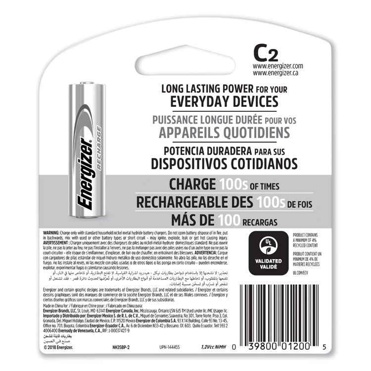 Energizer NiMH Rechargeable C Batteries, 1.2 V, 2/Pack (EVENH35BP2)