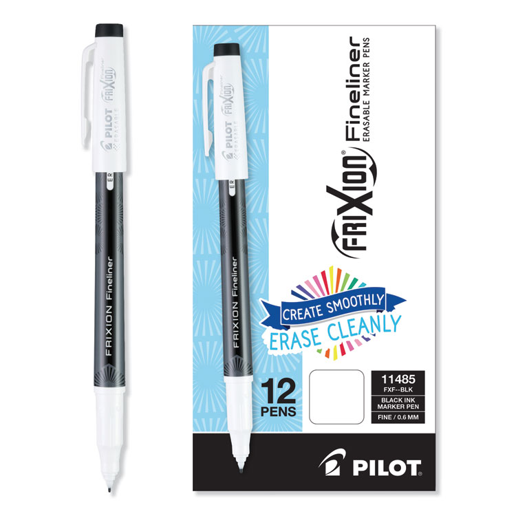 Pilot FriXion Fineliner Erasable Porous Point Pen, Stick, Fine 0.6 mm, Black Ink, Black/White Barrel, Dozen (PIL11485)