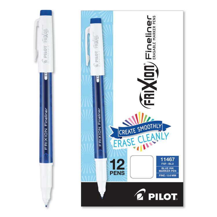 Pilot FriXion Fineliner Erasable Porous Point Pen, Stick, Fine 0.6 mm, Blue Ink, Blue/White Barrel, Dozen (PIL11467)