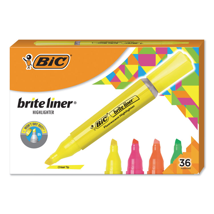 BIC Brite Liner Tank-Style Highlighter Value Pack, Assorted Ink Colors, Chisel Tip, Assorted Barrel Colors, 36/Pack (BICBLMG36AST)