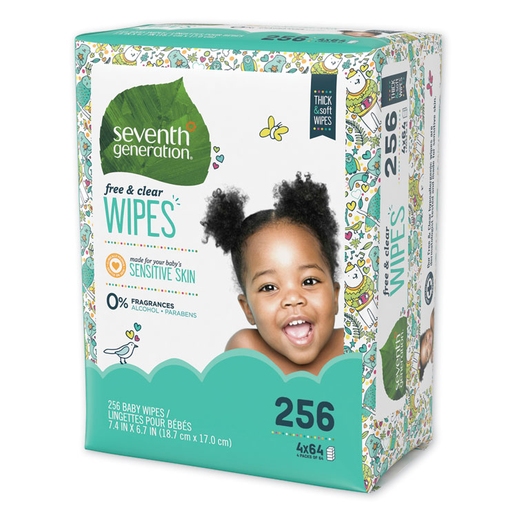 Seventh Generation Free and Clear Baby Wipes, 7 x 7, Refill, Unscented, White, 256/Pack, 3 Packs/Carton (SEV34219CT)