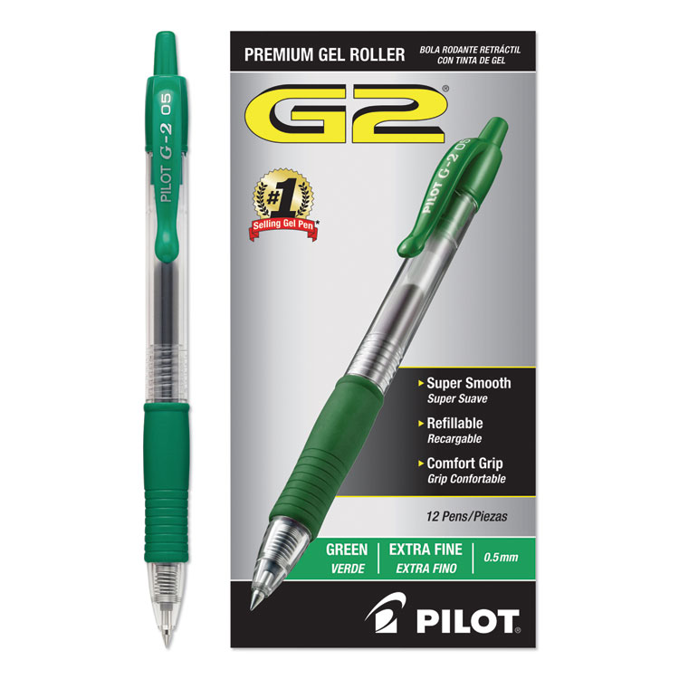 Pilot G2 Premium Gel Pen, Retractable, Extra-Fine 0.5 mm, Green Ink, Smoke/Green Barrel, Dozen (PIL31005)