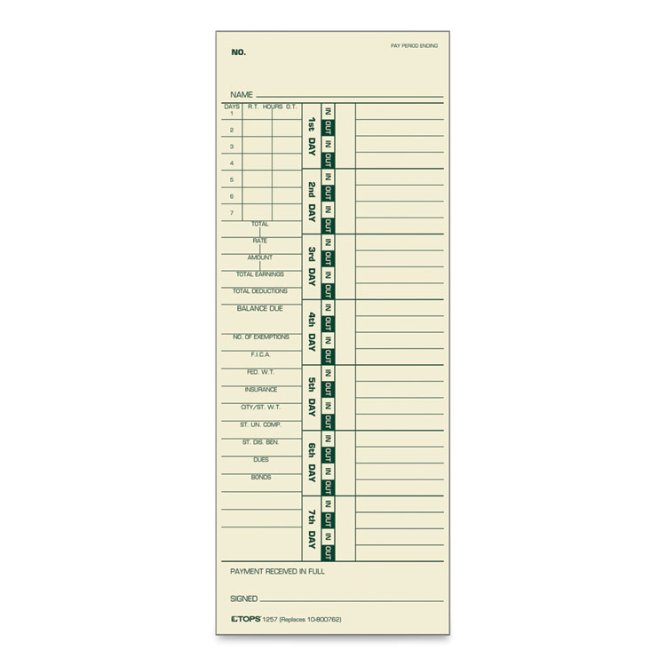 TOPS Time Clock Cards, Replacement for 10-800762, Two Sides, 3.5 x 9, 500/Box (TOP1257)