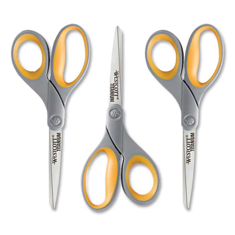 Westcott Titanium Bonded Scissors, 8" Long, 3.5" Cut Length, Straight Gray/Yellow Handle, 3/Box (WTC17532)