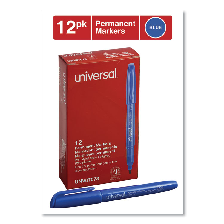 Universal Pen-Style Permanent Marker, Fine Bullet Tip, Blue, Dozen (UNV07073)