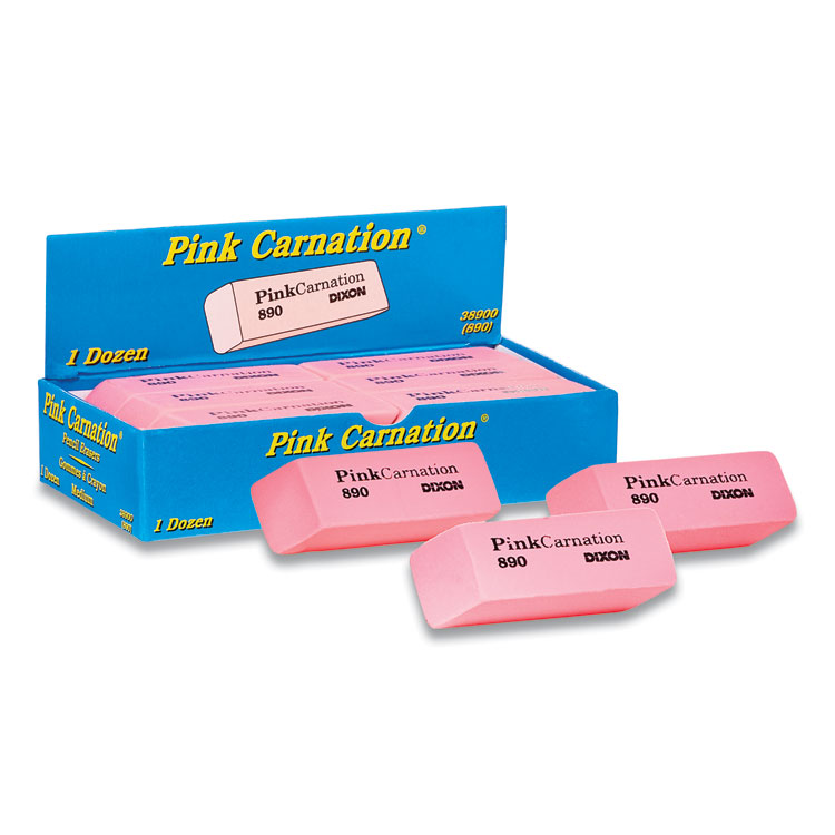 Dixon Pink Carnation Erasers, For Pencil Marks, Rectangular Block, Medium, Pink, Dozen (DIX38900)