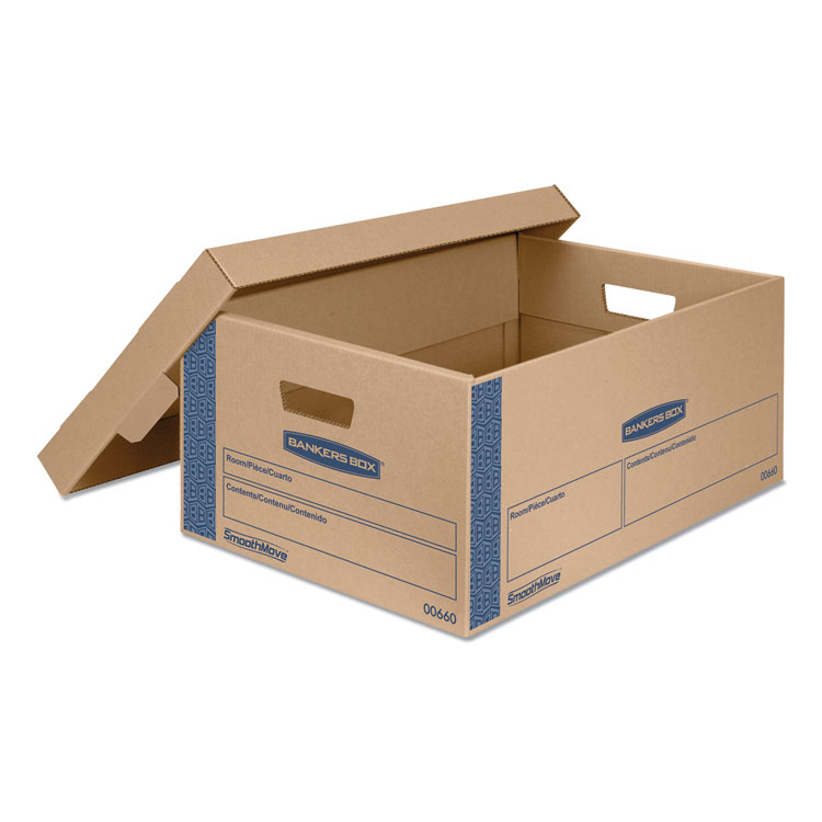 Bankers Box SmoothMove Prime Moving/Storage Boxes, Lift-Off Lid, Half Slotted Container, Large, 15" x 24" x 10", Brown/Blue, 8/Carton (FEL0066001)