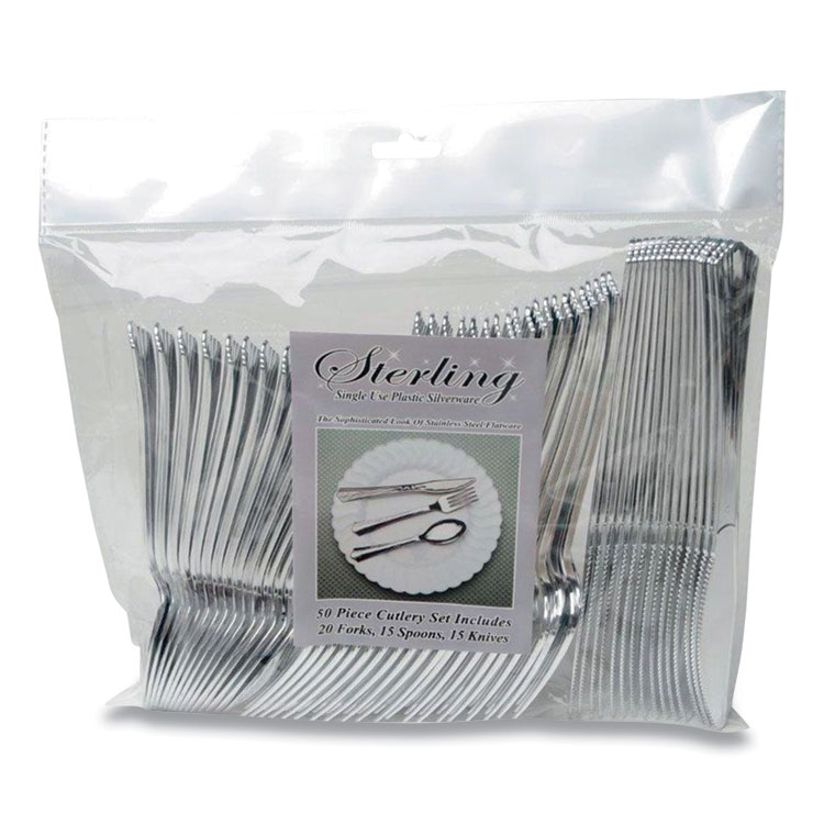 Tablemate Sterling Assorted Plastic Cutlery, Mediumweight, Silver, 20 Forks, 15 Knives, 15 Spoons/Pack (TBL8305ASV)