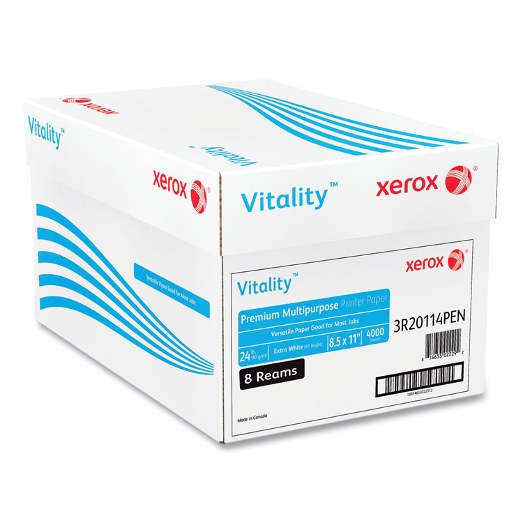 xerox Vitality Premium Multipurpose Print Paper, 97 Bright, 24 lb Bond Weight, 8.5 x 11, Extra White, 500/Ream, 8 Reams/Carton (XER1001)