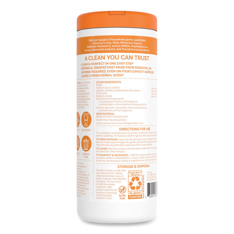 Seventh Generation Botanical Disinfecting Wipes, 7 x 8, Lemongrass Citrus, White, 35 Wipes (SEV22812EA)