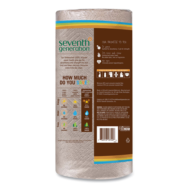 Seventh Generation Natural Unbleached 100% Recycled Paper Kitchen Towel Rolls, 2-Ply, Individually Wrapped, 11 x 9, 120/Roll, 30 Rolls/Carton (SEV13720CT)