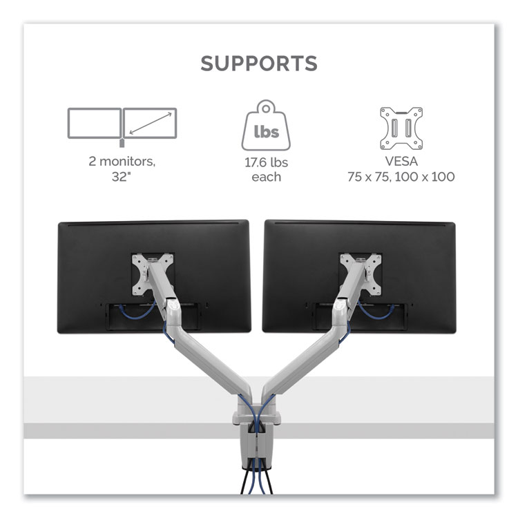 Fellowes Platinum Series Dual Monitor Arm, For 27" Monitors, 360 deg Rotation, 45 deg Tilt, 180 deg Pan, Silver, Supports 20 lb (FEL8056501)