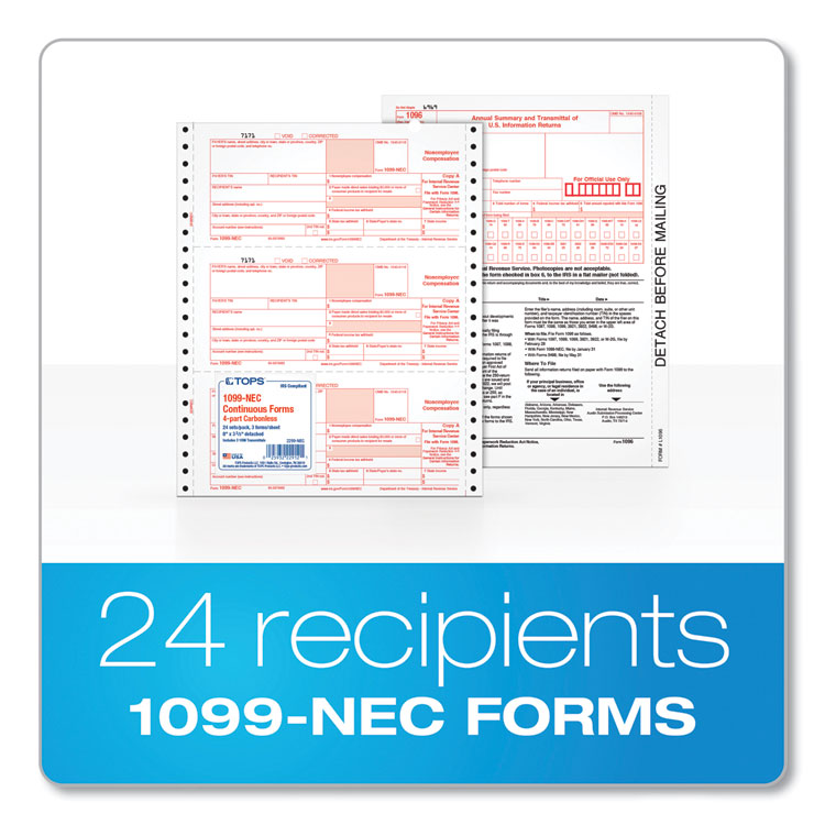 TOPS 1099-NEC Continuous Tax Forms, Fiscal Year: 2023, Four-Part Carbonless, 8.5 x 5.5, 2 Forms/Sheet, 24 Forms Total (TOP2299NEC)