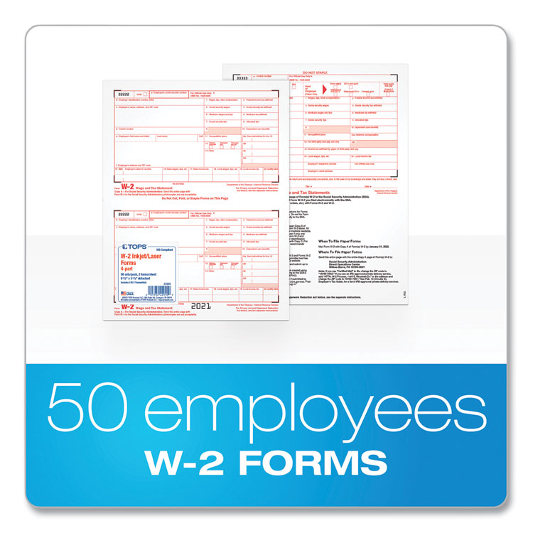 TOPS W-2 Tax Forms for Inkjet/Laser Printers, Fiscal Year: 2023, Four-Part Carbonless, 8.5 x 5.5, 2 Forms/Sheet, 50 Forms Total (TOP22990)