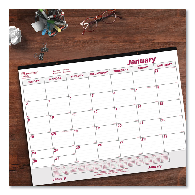 Brownline Monthly Desk Pad Calendar, 22 x 17, White/Burgundy Sheets, Black Binding, Clear Corners, 12-Month (Jan to Dec): 2025 (REDC1731V)
