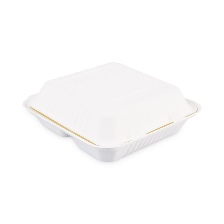 Boardwalk Bagasse Food Containers, Hinged-Lid, 3-Compartment 9 x 9 x 3.19, White, Sugarcane, 100/Sleeve, 2 Sleeves/Carton (BWKHINGEWF3CM9)