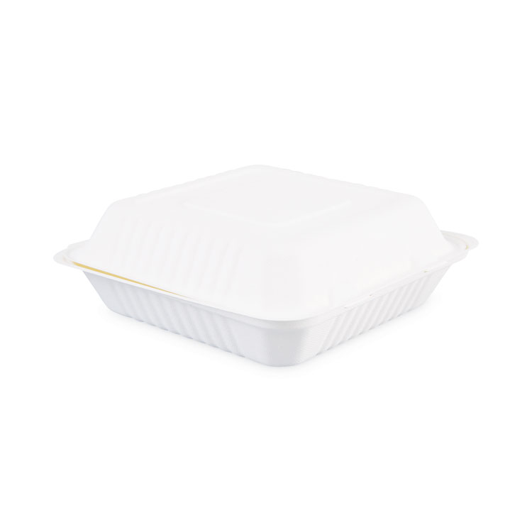 Boardwalk Bagasse Food Containers, Hinged-Lid, 1-Compartment 9 x 9 x 3.19, White,  Sugarcane, 100/Sleeve, 2 Sleeves/Carton (BWKHINGEWF1CM9)