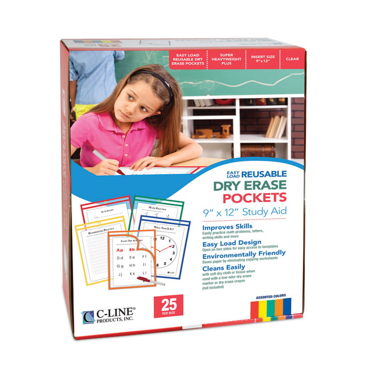 C-Line Reusable Dry Erase Pockets, Easy Load, 9 x 12, Assorted Primary Colors, 25/Pack (CLI42620)
