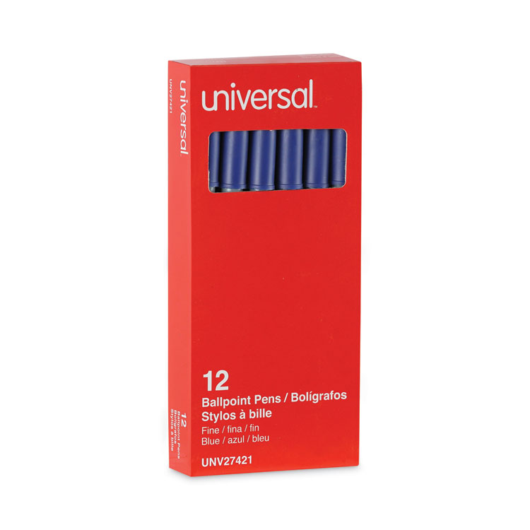 Universal Ballpoint Pen, Stick, Fine 0.7 mm, Blue Ink, Gray/Blue Barrel, Dozen (UNV27421)