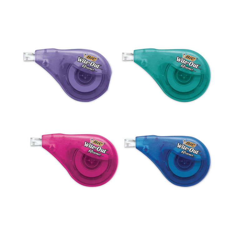 BIC Wite-Out EZ Correct Correction Tape, Non-Refillable, Randomly Assorted Applicator Colors, 0.17" x 400", 4/Pack (BICWOTAPP418)