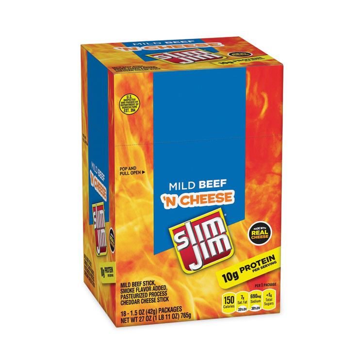 Slim Jim Beef and Cheese Meat Sticks, 1.5 oz, 18/Carton (GRR20900656)