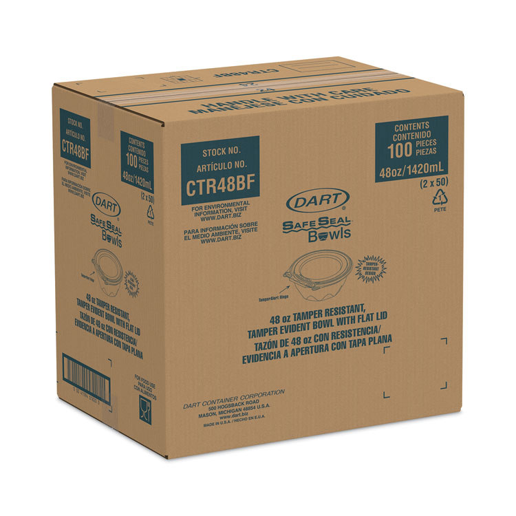 Dart Tamper-Resistant, Tamper-Evident Bowls with Flat Lid, 48 oz, 8.9" Diameter x 2.8"h, Clear, Plastic, 100/Carton (DCCCTR48BF)