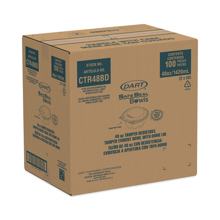 Dart Tamper-Resistant, Tamper-Evident Bowls with Dome Lid, 48 oz, 8.9" Diameter x 3.4"h, Clear, Plastic, 100/Carton (DCCCTR48BD)