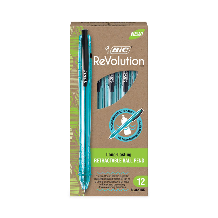BIC ReVolution Ocean Bound Ballpoint Pen, Retractable, Medium 1 mm, Black Ink, Translucent Blue Barrel, Dozen (BICBPRR11BK)