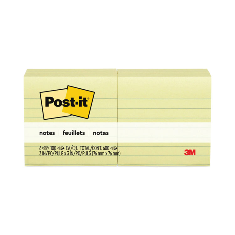 Post-it Notes Original Pads in Canary Yellow, Note Ruled, 3" x 3", 100 Sheets/Pad, 6 Pads/Pack (MMM6306PK)