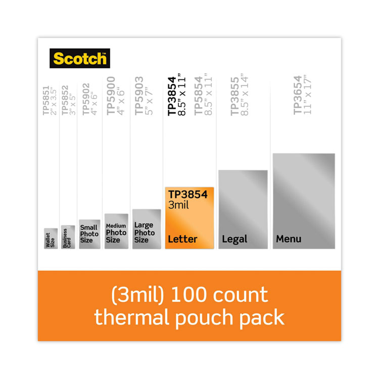 Scotch Laminating Pouches, 3 mil, 9" x 11.5", Gloss Clear, 100/Pack (MMMTP3854100)