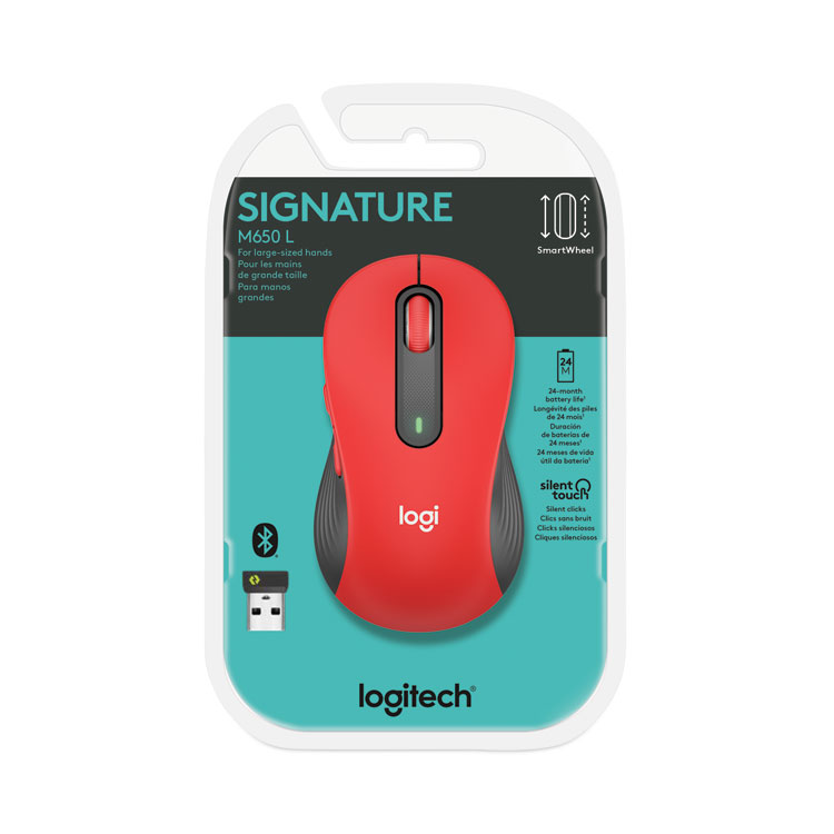 Logitech Signature M650 Wireless Mouse, Large, 2.4 GHz Frequency, 33 ft Wireless Range, Right Hand Use, Red (LOG910006358)