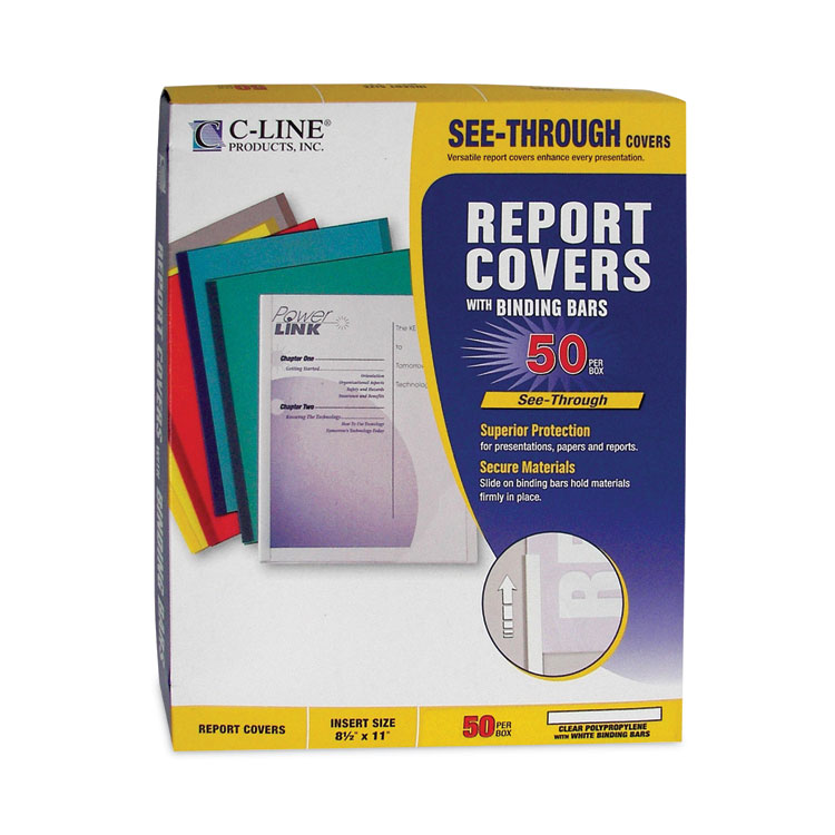 C-Line Vinyl Report Covers with Binding Bars, 0.13" Capacity,  8.5 x 11, Clear/Clear, 50/Box (CLI32457)