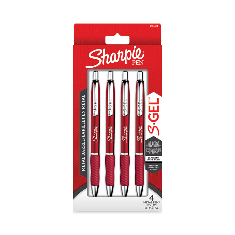 Sharpie S-Gel Premium Metal Barrel Gel Pen, Retractable, Medium 0.7 mm, Black Ink, Red Barrel, 4/Pack (SAN2154604)
