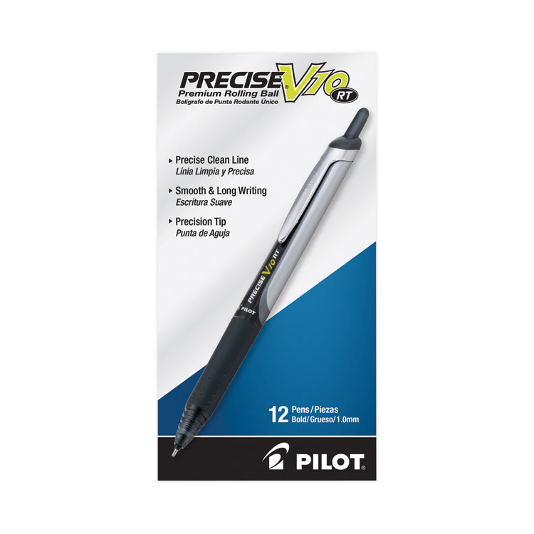 Pilot Precise V10RT Roller Ball Pen, Retractable, Bold 1 mm, Black Ink, Black Barrel, Dozen (PIL13450)