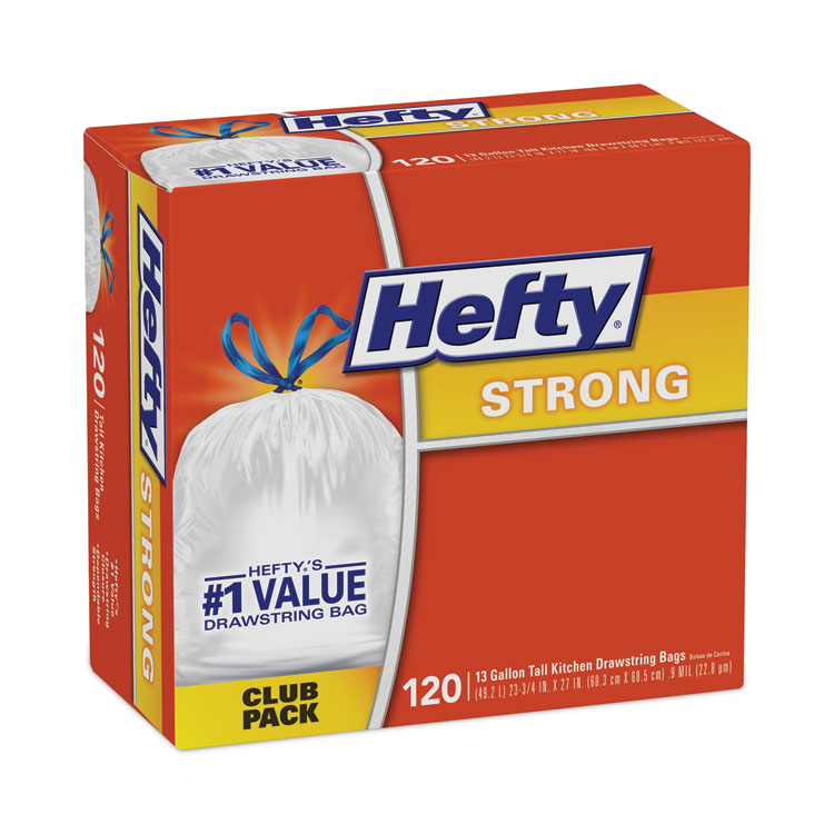 Hefty Strong Tall Kitchen Drawstring Bags, 13 gal, 23.75" x 27", White, 90/Box (RFPE84574)
