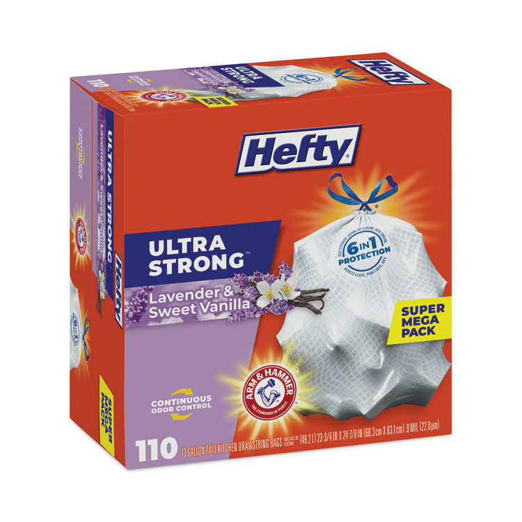 Hefty Extra Heavy-Duty Ultra Strong Scented Tall Kitchen Bags, Drawstring, 13 gal, Lavender/Vanilla, 23.75 x 24.88, White, 110/Box (PCTE88366)