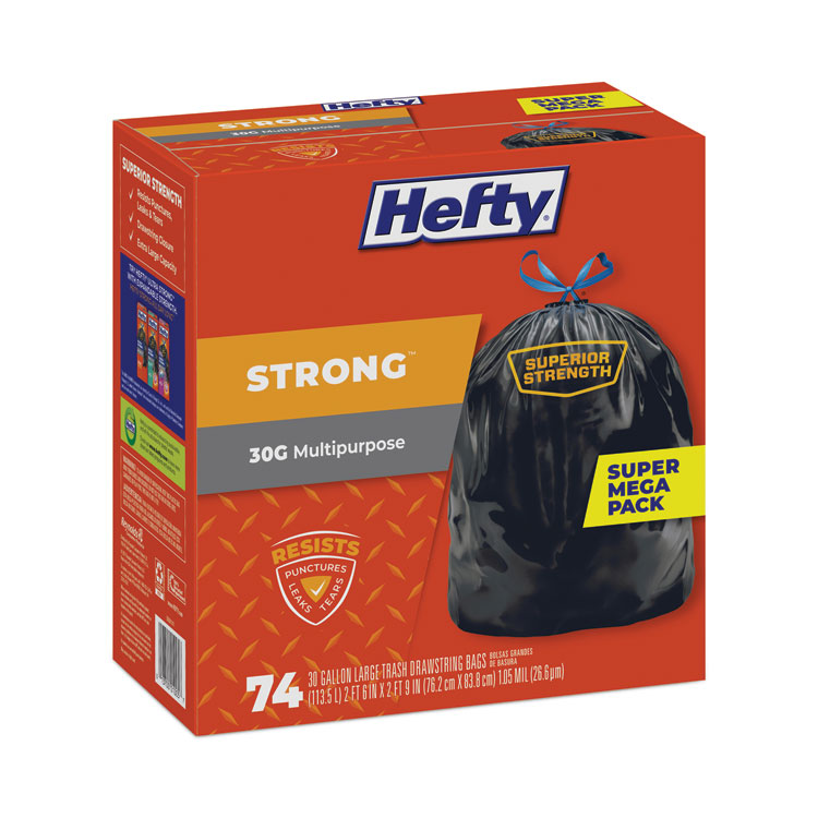Hefty Strong Multipurpose Drawstring Trash Bags, 30 gal, 1.1 mil, 30" x 33", Black, 74/Box (PCTE85274)