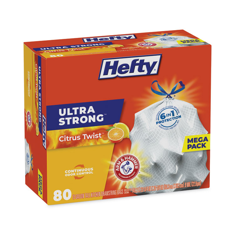 Hefty Ultra Strong Scented Tall Kitchen Bags, Drawstring, 13 gal, Citrus Twist, 23.75" x 24.88", White, 80 Bags/Box, 3 Boxes/Carton (PCTE88354CT)
