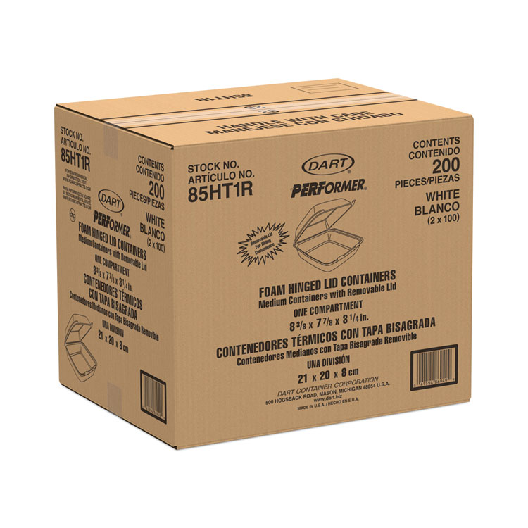Dart Foam Hinged Lid Containers, 1-Compartment, 8.38" x 7.78" x 3.25", White, 200/Carton (DCC85HT1R)