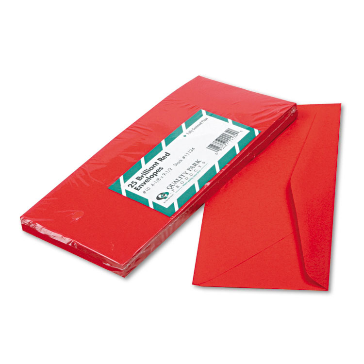 Quality Park Colored Envelope, #10, Commercial Flap, Gummed Closure, 4.13 x 9.5, Red, 25/Pack (QUA11134)