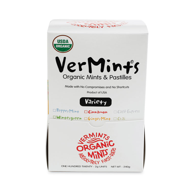 VerMints VerMints Organic Mints/Pastilles, Assorted Flavors, 2 Mints/0.7 oz Individually Wrapped, 120/Box (VEMVNT00991)
