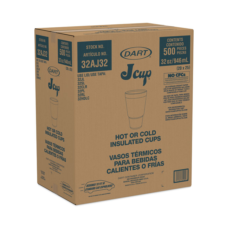 Dart Foam Drink Cups, 32 oz, Tapered Bottom, White, 25/Bag, 20 Bags/Carton (DCC32AJ32)