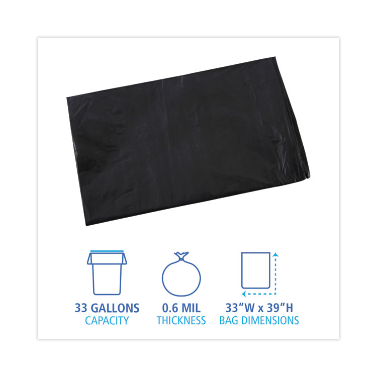 Boardwalk Linear Low Density Industrial Can Liners, 33 gal, 0.6 mil, 33" x 39", Black, Flat Pack, 200/Carton (BWKL3339H)